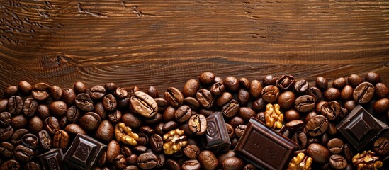 A wooden surface displaying roasted coffee beans, chocolate, and nuts for a copy space image backdrop is ideal.