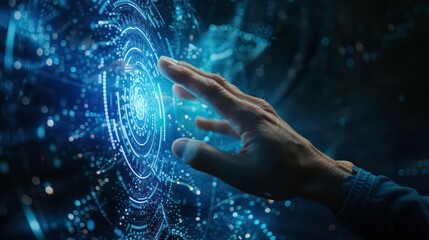 Hand touching a spinning data flow, data flow processing visualization background. Generative AI