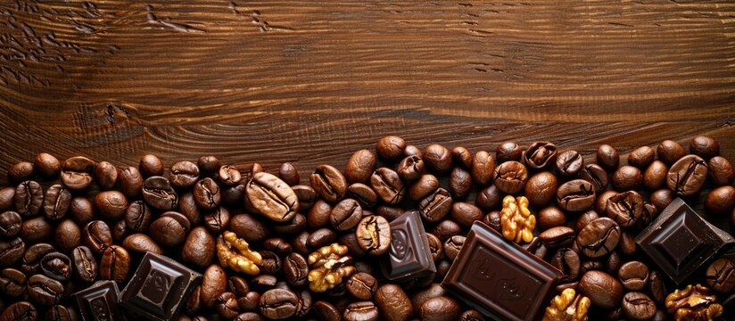 A wooden surface displaying roasted coffee beans, chocolate, and nuts for a copy space image backdrop is ideal.
