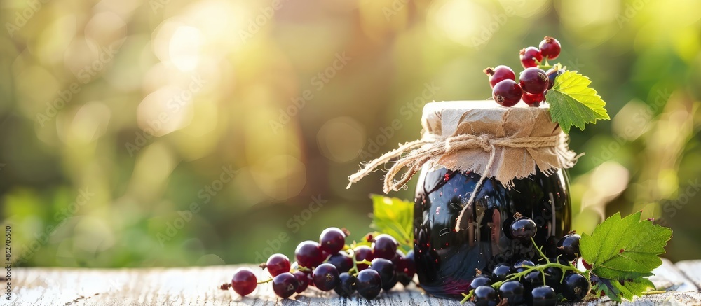 Aufkleber Jar of tasty black currant jam on a bright table with copy space image.
