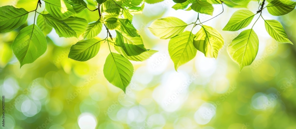 Aufkleber fresh green leaves on a branch creating a vibrant copy space image.