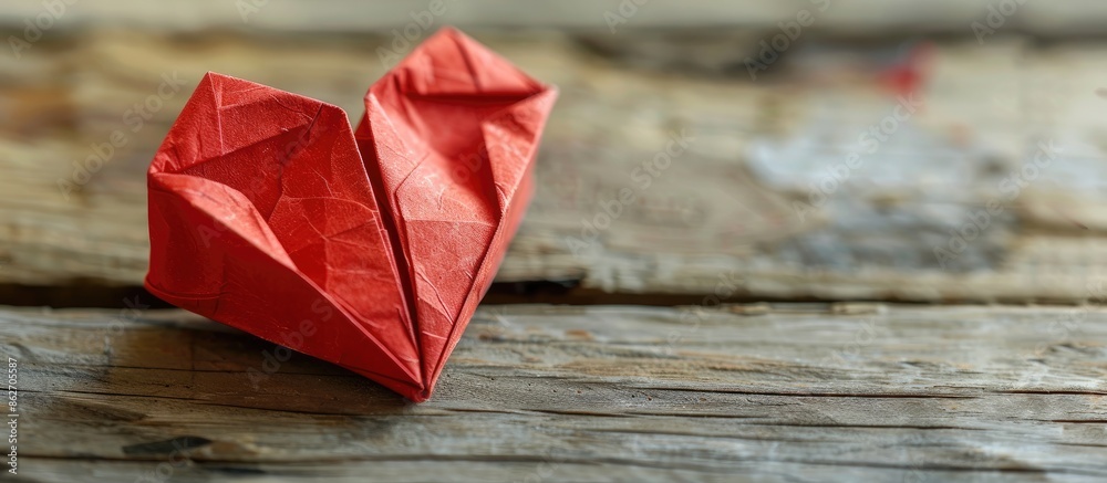 Poster origami heart made of red paper on wooden backdrop with copy space image.