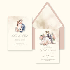 Luxury wedding invitation card background with watercolor newlyweds.