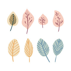 Autumn leaves line art design elements set. Colorful autumn concept. Fall foliage decoration, Seasonal holiday thanksgiving greeting card. Trendy style design Simple flat vector