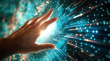 Hand touching a spinning data flow, data flow processing visualization background. Generative AI