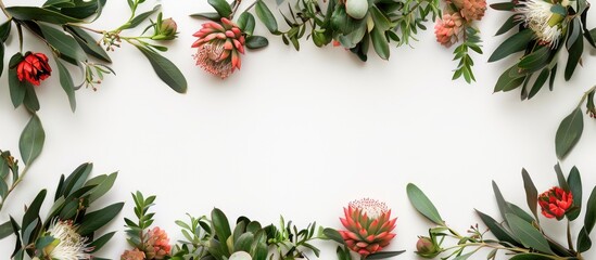 Fototapeta premium Square frame with Leucadendron and brunia flowers and leaves isolated on white background, perfect for a copy space image.