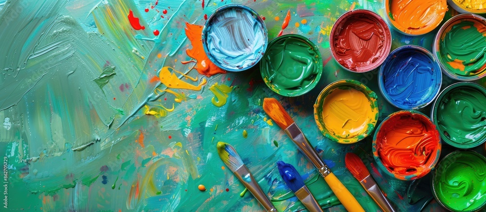Aufkleber A colorful set of finger paints and paintbrushes for kids' creativity displayed on a soft green background from above with room for additional images.