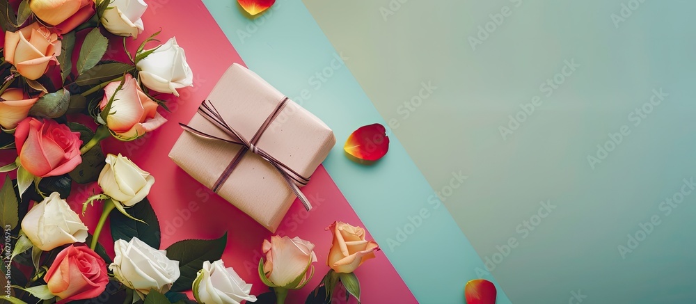 Poster Top view of roses and gift box on a colored background with copy space image.