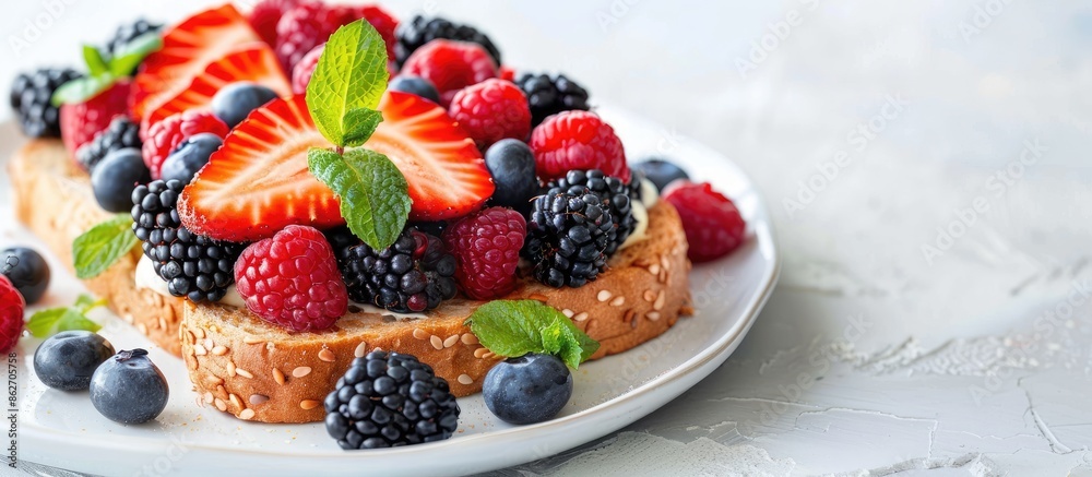 Poster Delicious homemade sandwich featuring fresh berry fruits on a white background with copy space image.