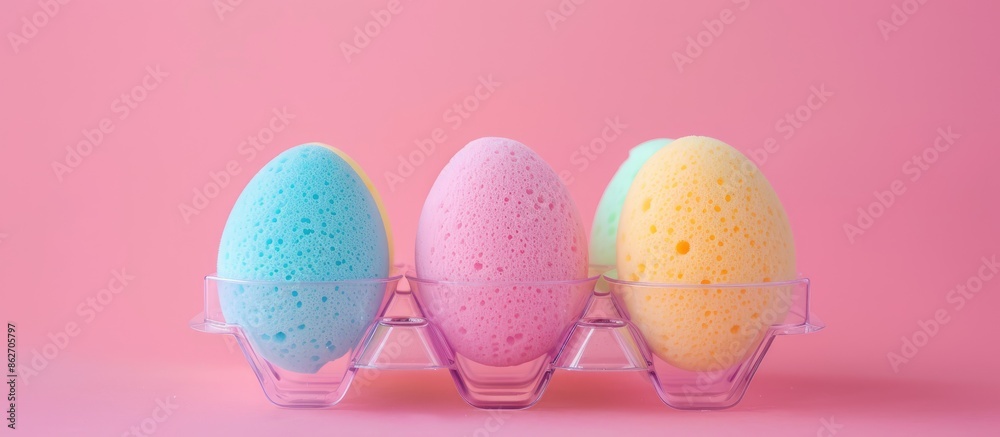 Aufkleber makeup sponges in a plastic egg holder on a colored background with copy space image.