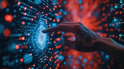 Hand touching a spinning data flow, data flow processing visualization background. Generative AI