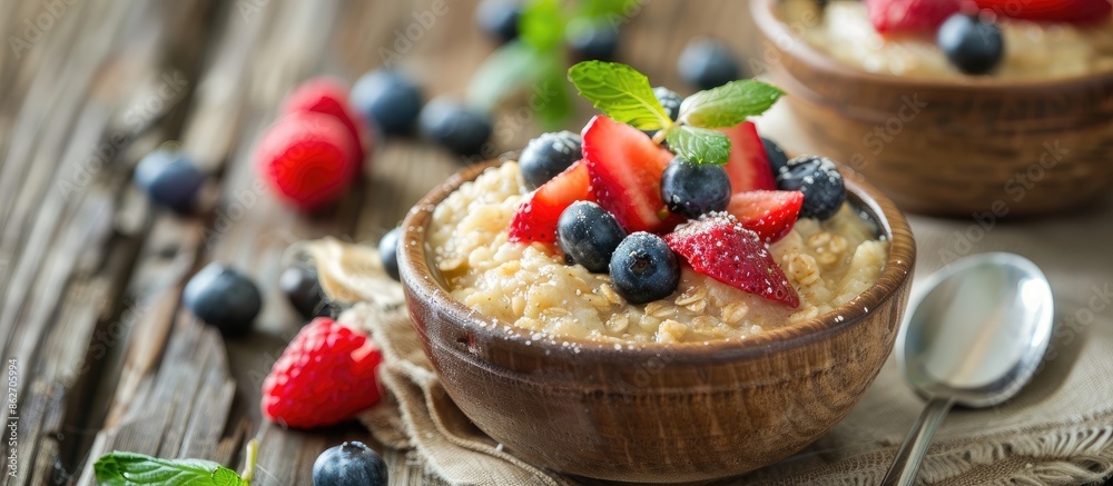 Poster porridge with fruit on a rustic wooden background, ideal for a copy space image.