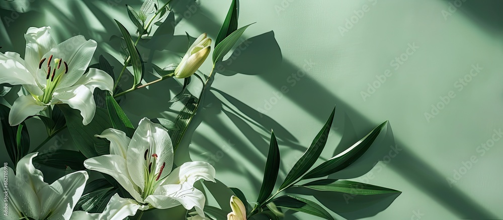 Poster top-down view of a floral arrangement featuring lilies in a serene composition with a postcard mocku