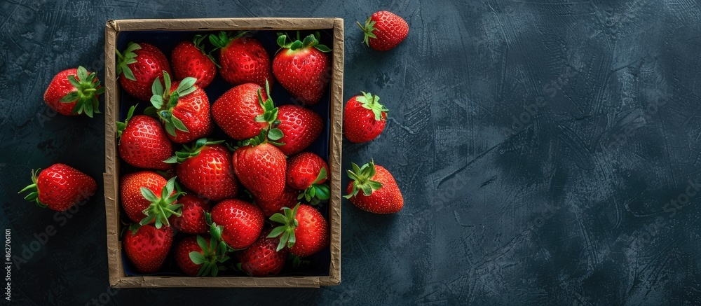 Poster top view of a box with luscious red and juicy strawberries set on a dark background, providing ample