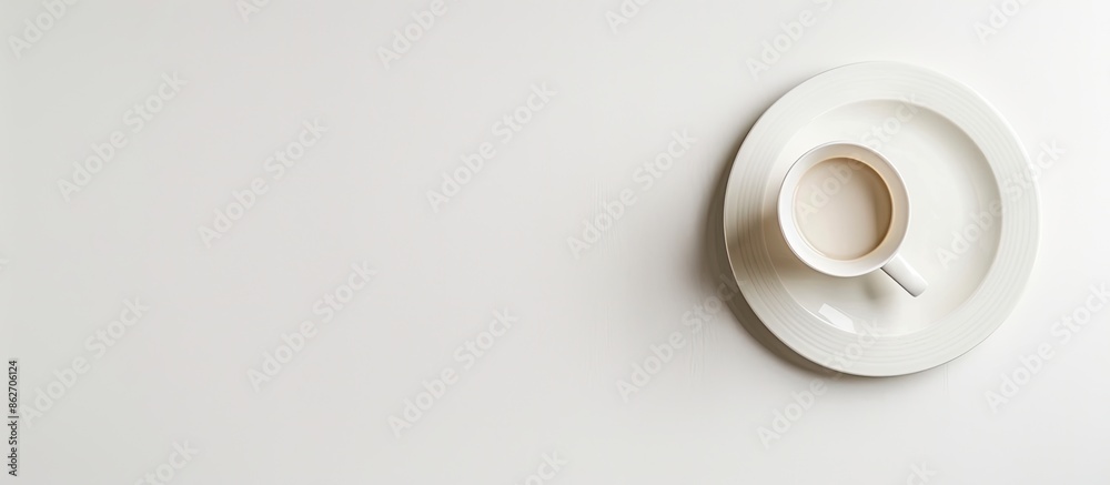 Aufkleber White background featuring an unsoiled and empty plate along with a cup, with space for adding images. Copy space image. Place for adding text and design