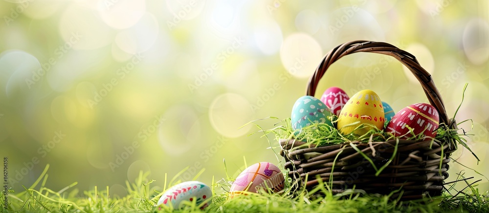 Aufkleber easter eggs in a basket with a grassy copy space image.