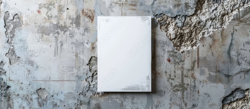 Leinwandbilder top view of a blank white menu mockup on a worn gray concrete wall with soft shadow, ideal for copy 
