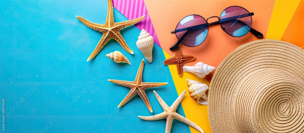 Poster summer beach accessories like shells and sea stars adorned glasses and a hat on a colorful backgroun