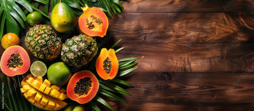 Poster Fresh tropical fruits displayed on a wooden table backdrop with room for text, arranged in a flat lay composition. Copy space image. Place for adding text and design