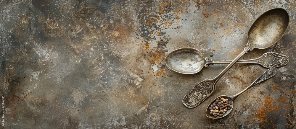 Poster toned background featuring ancient melchior spoons with spices on metal surface for a copy space ima