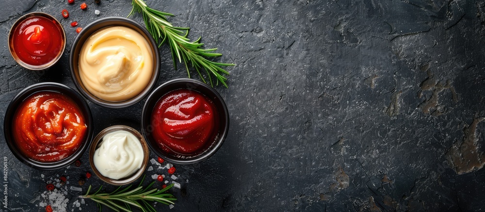 Aufkleber various sauces such as ketchup, mayonnaise, and barbecue displayed on a dark stone concrete backdrop