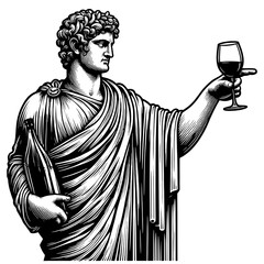classical statue holding a wine glass and bottle, ancient art with a touch of elegance sketch engraving generative ai PNG illustration. Scratch board imitation. Black and white image.