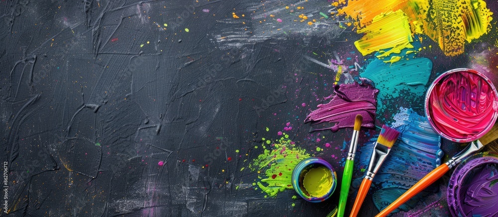 Poster chalkboard backdrop with colorful paint and paintbrush featuring copy space image.