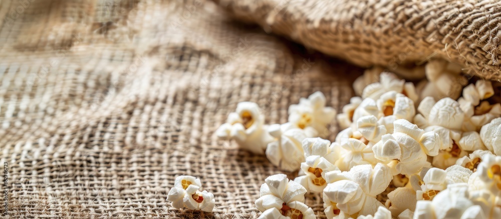 Aufkleber Close-up image of popcorn on burlap with space for text. Copy space image. Place for adding text and design