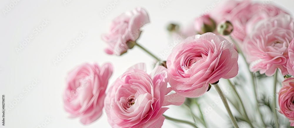 Poster Close-up of ranunculus flowers against a white backdrop with copy space image.