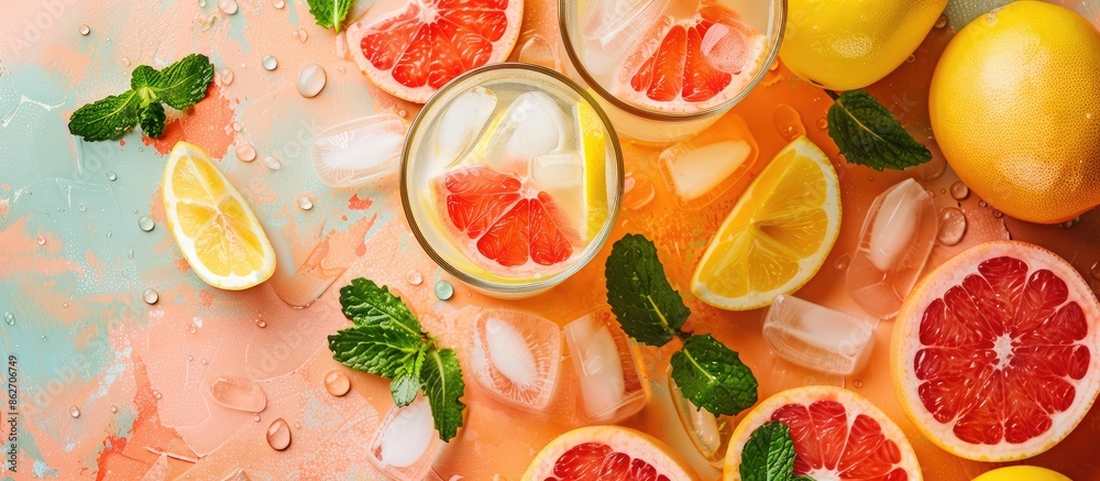 Poster Close-up of delicious grapefruit lemonade in glasses on a colorful background with copy space image.