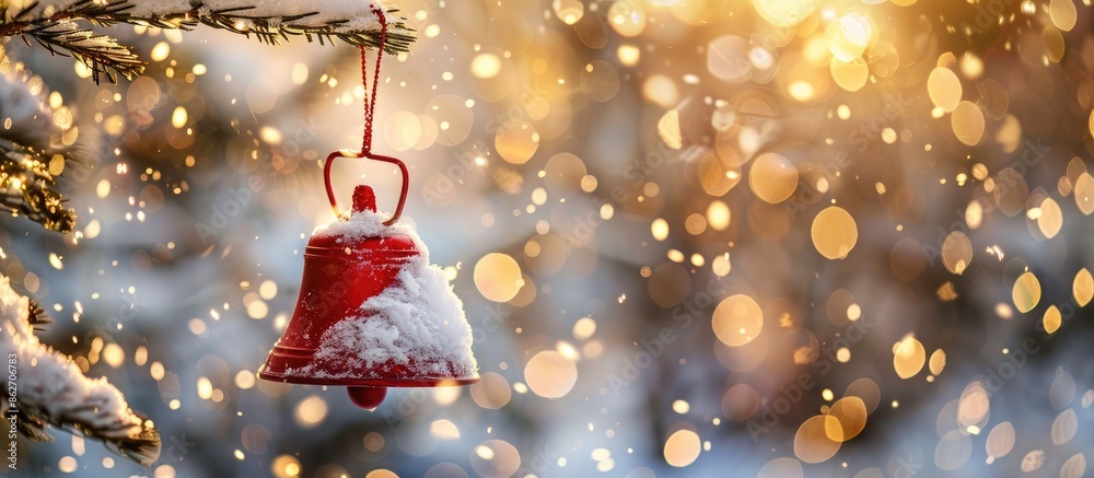 Aufkleber a red christmas bell is dangling from a snowy tree branch amidst a festive backdrop of white snow, g