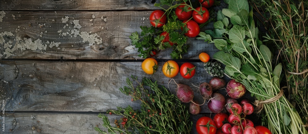 Poster a top-down view of freshly harvested vegetables and herbs from a local farm displayed on a rustic wo
