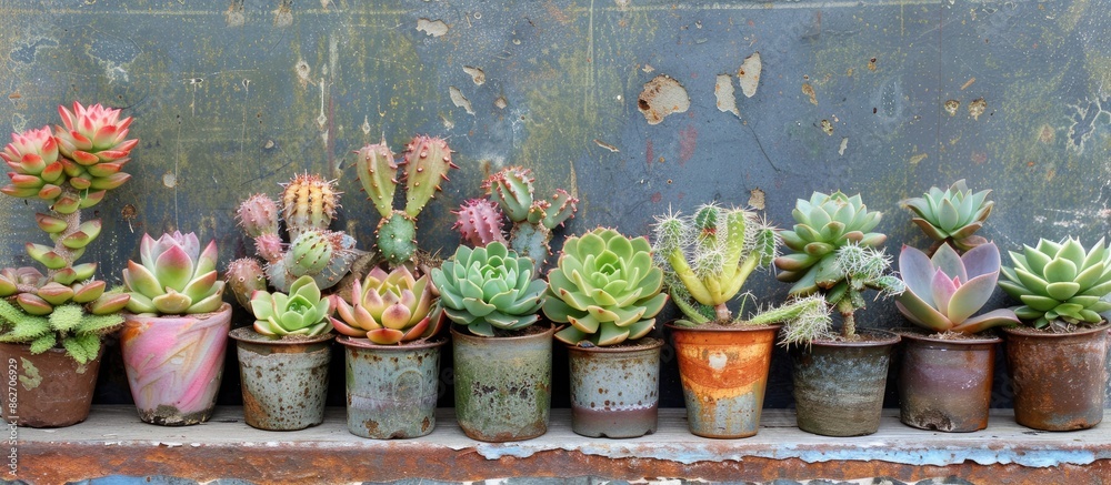 Poster Cactus and succulent plants displayed in tiny cups for a home garden setting with room for a copy space image.