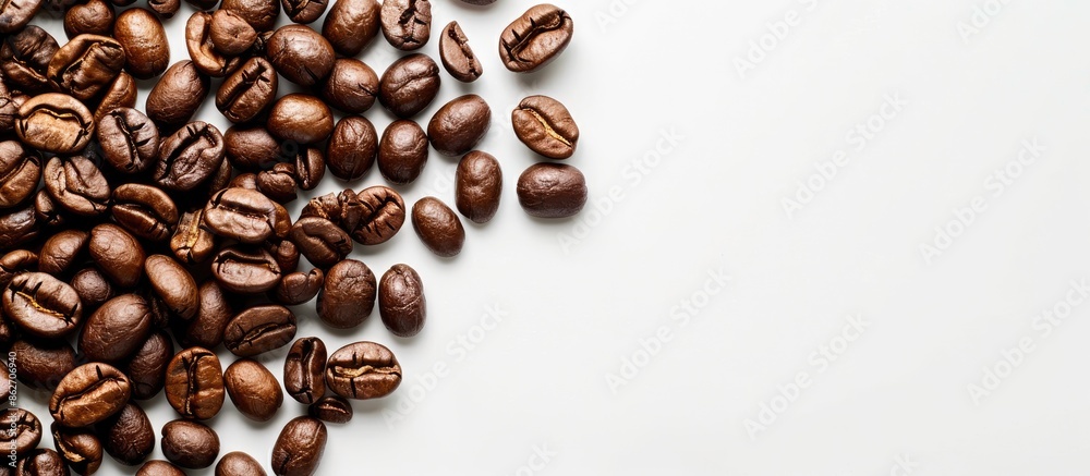Aufkleber Coffee beans on a white backdrop with space for text, and focus on the beans. Copy space image. Place for adding text and design