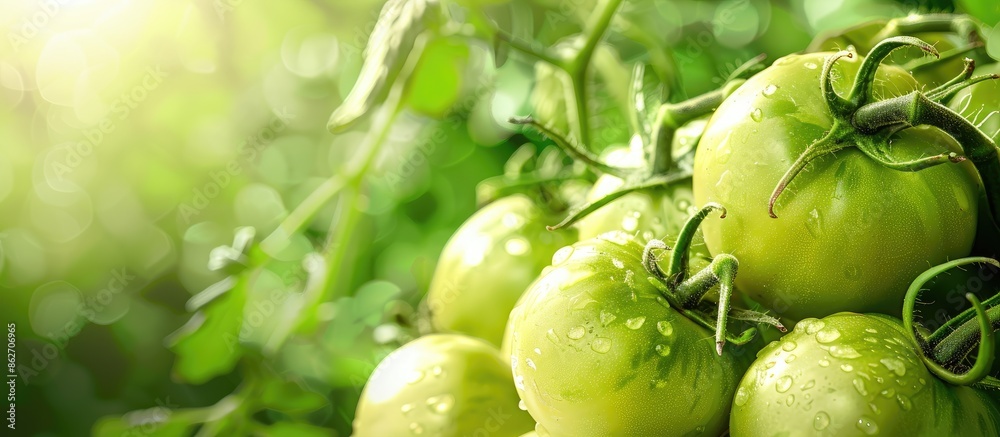 Poster Fresh green tomatoes displayed in a garden with ample copy space image.