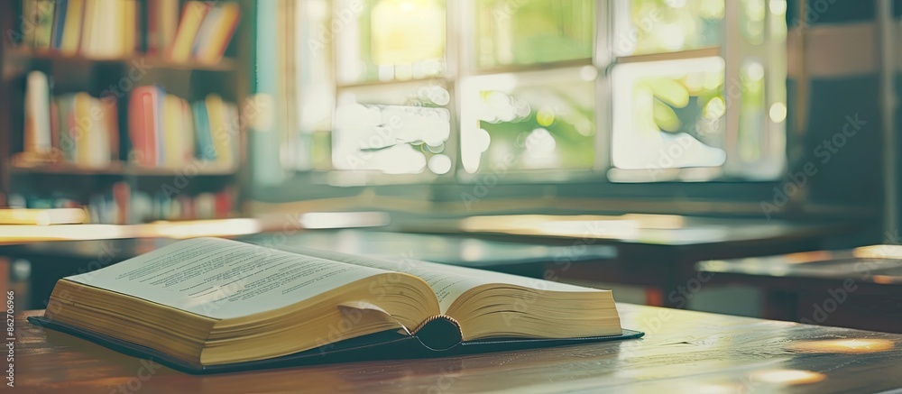 Fototapete Desk of a college student displaying an open book with blank copy space image.