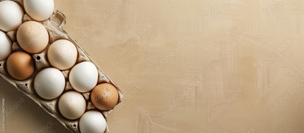 Poster Eggs arranged neatly in a carton on a plain beige surface, providing a simple and clean backdrop for a potential copy space image.