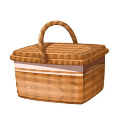 Wicker cartoon rectangular closed basket with lid. Funny retro wooden box with handle, traditional basketry mascot, cartoon handmade bamboo container and storage equipment vector illustration