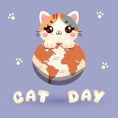 Cute cartoon cat. Template for banner, poster, flayers or greeting card. Cat day. Flat design style. Vector illustration