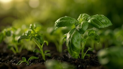 Close-up of basil plants growing in a garden bed
