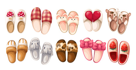 Cute slippers set, cartoon home footwear. Funny models with animal faces and heart parts, camouflage and checkered pattern. Pajama party mascot, cartoon slippers collection vector illustration