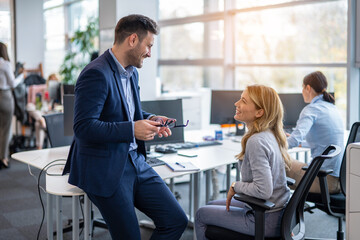 Businessman sitting on the desk while casually chatting with his female colleague who is seated at...