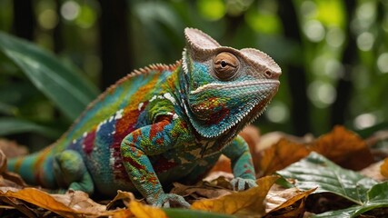 Obraz premium Amidst bed of dry leaves, vibrant chameleon perches, its skin ablaze with kaleidoscopic huesgreen, blue, red, orange. Its eyes focus forward, one slightly visible.