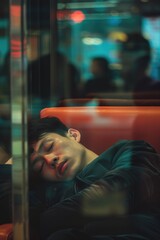 Fototapeta premium A man is sleeping on a red chair. The man is wearing a black jacket and is laying on his back