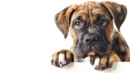 Obraz premium Sad Mastiff puppy gazes at blank white banner in isolation on white backdrop