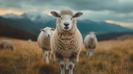 Fototapeta premium A sheep looks directly at the camera while walking through a grassy meadow