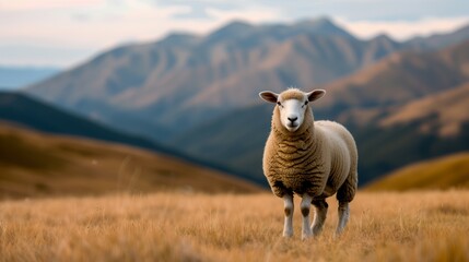Fototapeta premium A single sheep walks through a field, with mountains in the background