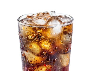 A glass of soda with ice cubes in it