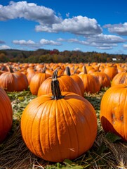 autumn pumpkin patch harvest field with blue sky and clouds photograph.