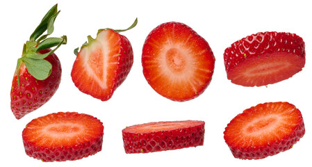 Pieces of ripe red strawberries on isolated background, set